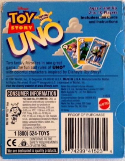 Back of Box for Official Toy Story Uno